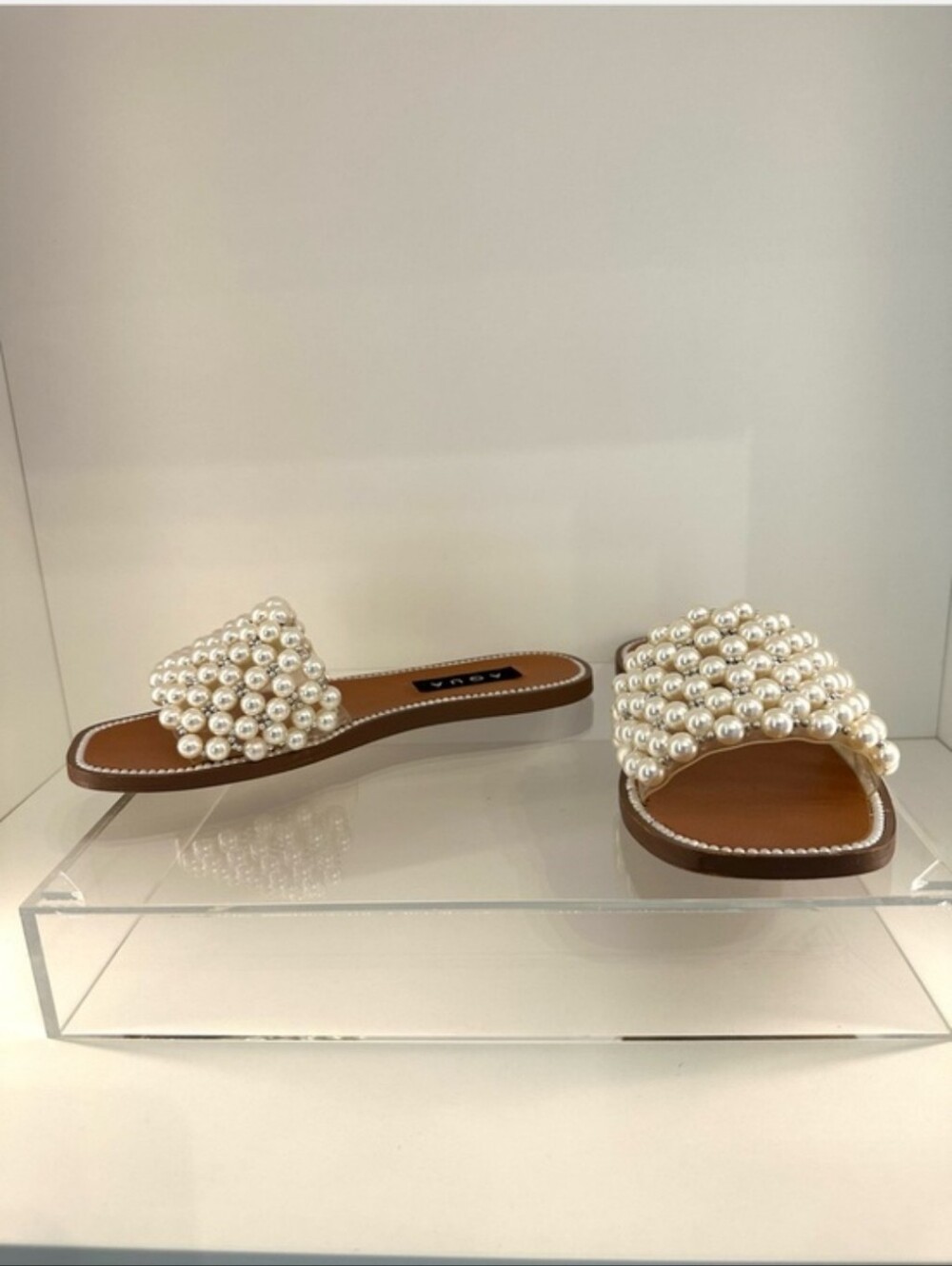 AQUA Pearl-Embellished Tan Slide Sandals - Picture 4 of 6